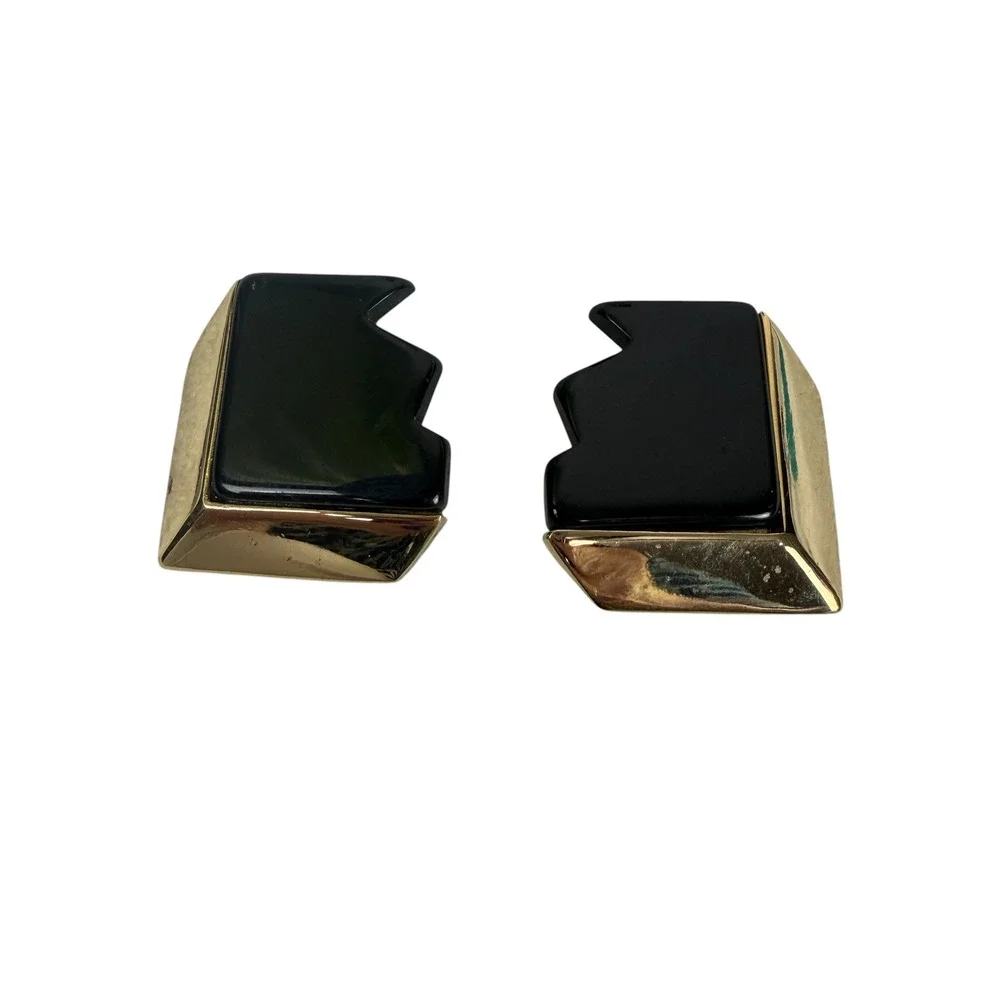 Vintage Geometric Gold Tone Black Resin Clip On Earrings Modernist 80s Statement